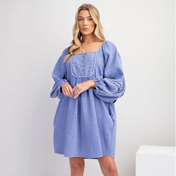 New! Easel Mineral Washed Cotton Gauze Babydoll Dress Long Sleeve Lilac … - Picture 6 of 6